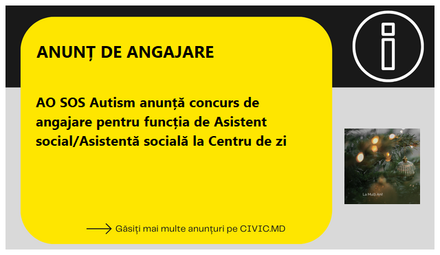 AO SOS Autism anunță concurs de angajare pentru funcția de Asistent social/Asistentă socială la Centru de zi
