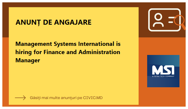 Management Systems International is hiring for Finance and Administration Manager