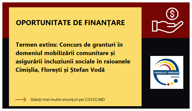 Termen extins: Concurs de granturi în domeniul mobilizării comunitare și asigurării incluziunii sociale în raioanele Cimișlia, Florești și Ștefan Vodă