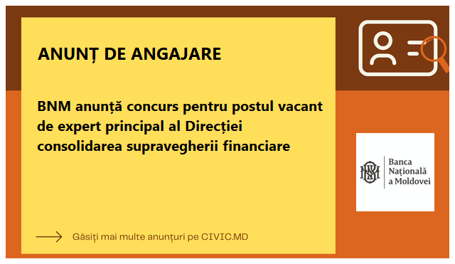 BNM anunță concurs pentru postul vacant de expert principal al Direcției consolidarea supravegherii financiare