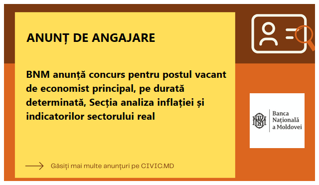 BNM anunță concurs pentru postul vacant de economist principal, pe durată determinată, Secția analiza inflației și indicatorilor sectorului real