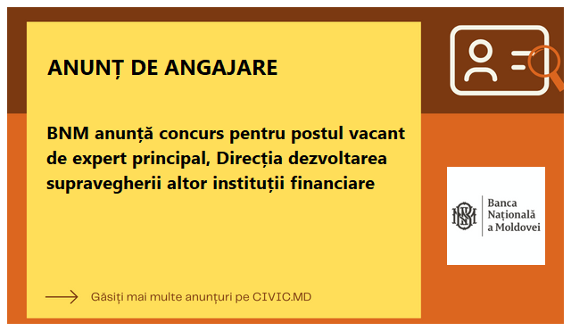 BNM anunță concurs pentru postul vacant de expert principal, Direcția dezvoltarea supravegherii altor instituții financiare