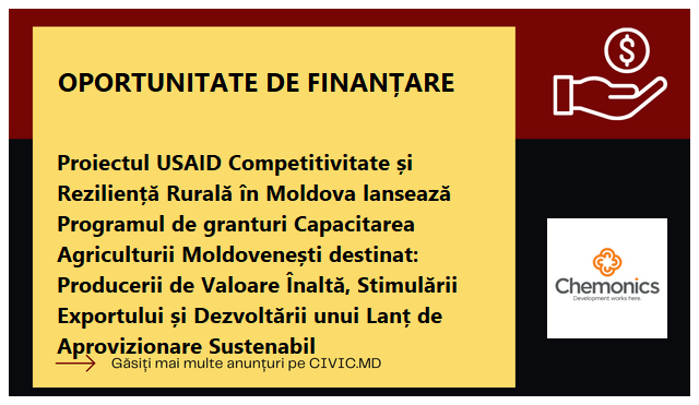 Proiectul USAID Competitivitate și Reziliență Rurală în Moldova lansează Programul de granturi Capacitarea Agriculturii Moldovenești destinat: Producerii de Valoare Înaltă, Stimulării Exportului și Dezvoltării unui Lanț de Aprovizionare Sustenabil 