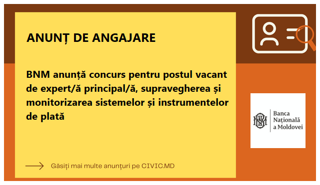 BNM anunță concurs pentru postul vacant de expert/ă principal/ă, supravegherea și monitorizarea sistemelor și instrumentelor de plată