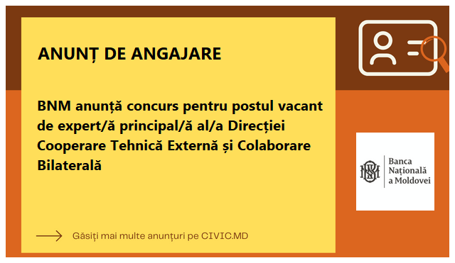 BNM anunță concurs pentru postul vacant de expert/ă principal/ă al/a Direcției Cooperare Tehnică Externă și Colaborare Bilaterală 