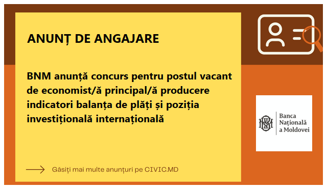 BNM anunță concurs pentru postul vacant de economist/ă principal/ă producere indicatori balanța de plăți și poziția investițională internațională