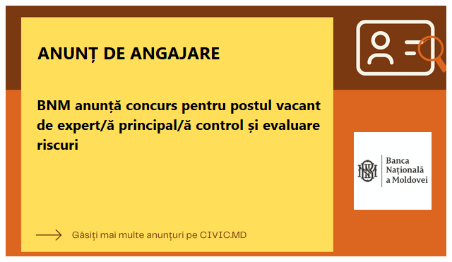 BNM anunță concurs pentru postul vacant de expert/ă principal/ă control și evaluare riscuri   