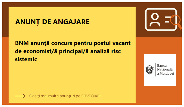 BNM anunță concurs pentru postul vacant de economist/ă principal/ă analiză risc sistemic