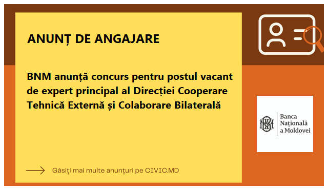 BNM anunță concurs pentru postul vacant de expert principal al Direcției Cooperare Tehnică Externă și Colaborare Bilaterală 