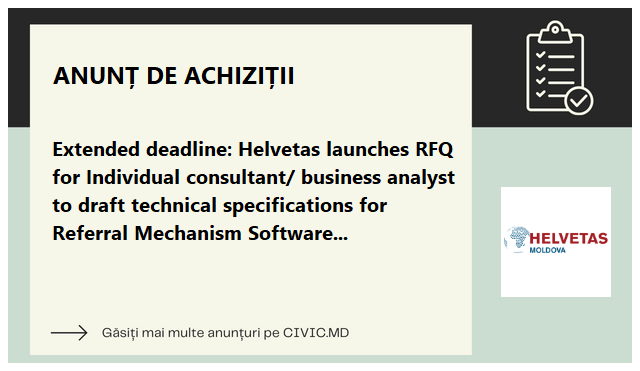Extended deadline: Helvetas launches RFQ for Individual consultant/ business analyst to draft technical specifications for Referral Mechanism Software Module