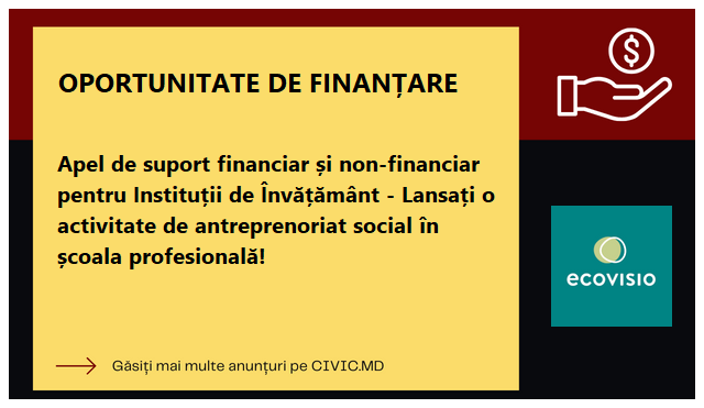Apel de suport financiar și non-financiar pentru Instituții de Învățământ - Lansați o activitate de antreprenoriat social în școala profesională!