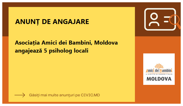 Asociația Amici dei Bambini, Moldova angajează 5 psiholog locali