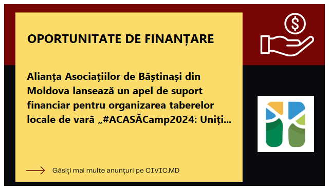 Alianța Asociațiilor de Băștinași din Moldova lansează un apel de suport financiar pentru organizarea taberelor locale de vară  „#ACASĂCamp2024: Uniți pentru Eco localități destinate copiilor și tinerilor din localități și Diaspora 