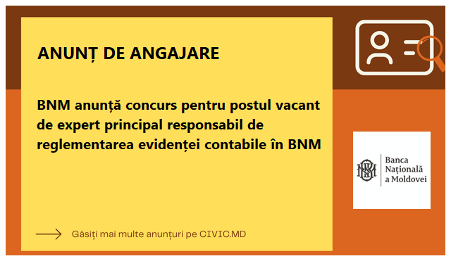 BNM anunță concurs pentru postul vacant de expert principal responsabil de reglementarea evidenței contabile în BNM