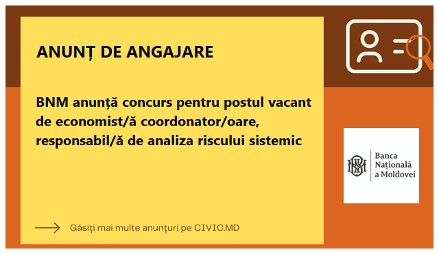 BNM anunță concurs pentru postul vacant de economist/ă coordonator/oare, responsabil/ă de analiza riscului sistemic