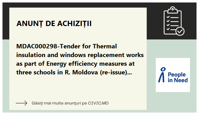 MDAC000298-Tender for Thermal insulation and windows replacement works as part of Energy efficiency measures at three schools in R. Moldova (re-issue)