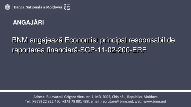 BNM angajează Economist principal responsabil de raportarea financiară-SCP-11-02-200-ERF