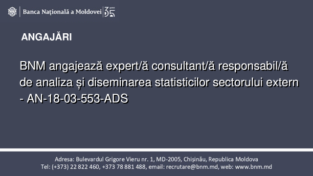 BNM angajează expert/ă consultant/ă responsabil/ă de analiza și diseminarea statisticilor sectorului extern - AN-18-03-553-ADS