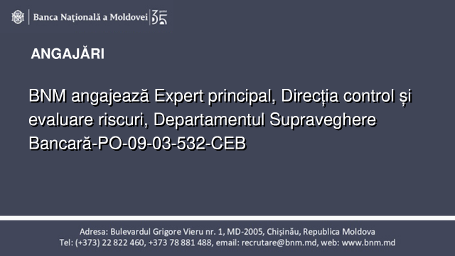 BNM angajează Expert principal, Direcția control și evaluare riscuri, Departamentul Supraveghere Bancară-PO-09-03-532-CEB