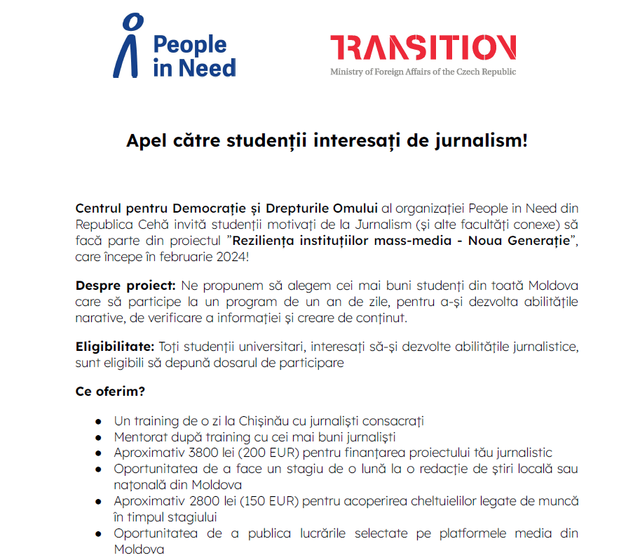Apel către studenții interesați de jurnalism - proiectul ”Reziliența instituțiilor mass-media - Noua Generație”/ Приём заявок на участие в программе Resilient Media - New Generation для студентов интересующихся журналистикой